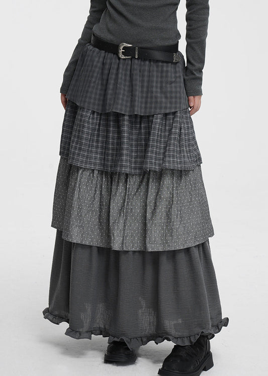 Französische dunkelgraue karierte Baumwollröcke mit Punkten und elastischem Bund für den Frühling