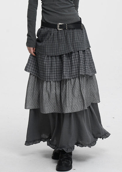 Französische dunkelgraue karierte Baumwollröcke mit Punkten und elastischem Bund für den Frühling