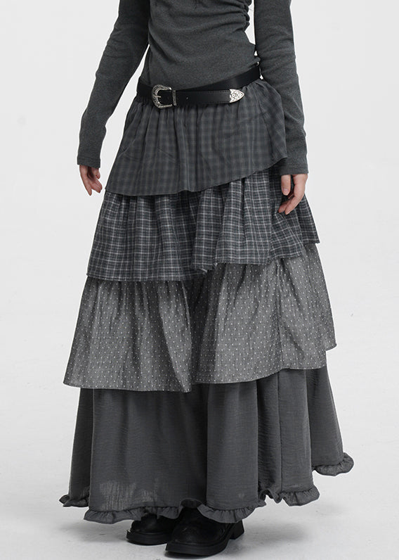 Französische dunkelgraue karierte Baumwollröcke mit Punkten und elastischem Bund für den Frühling