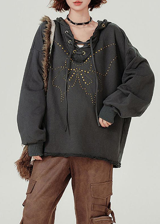 French Dark Grey Hooded Rivet Lace Up Cotton Pullover Sweatshirt Fall