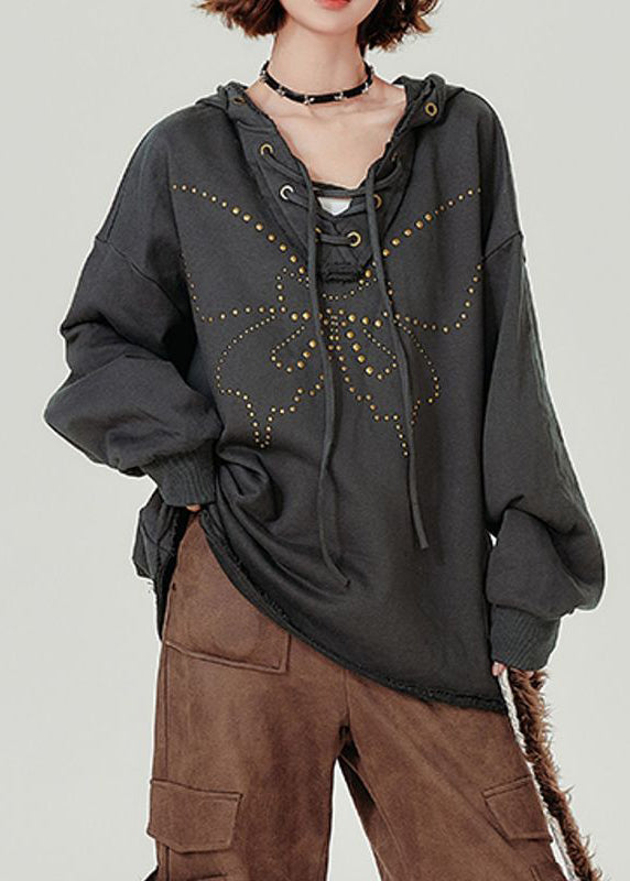 French Dark Grey Hooded Rivet Lace Up Cotton Pullover Sweatshirt Fall