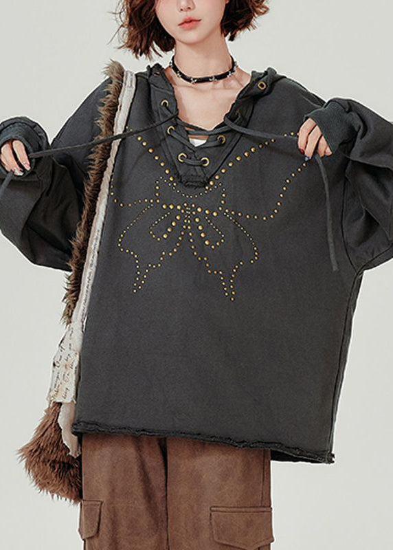 French Dark Grey Hooded Rivet Lace Up Cotton Pullover Sweatshirt Fall