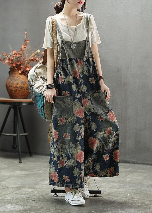 French Dark color Print Patchwork Pockets denim Outfits Rompers - SooLinen