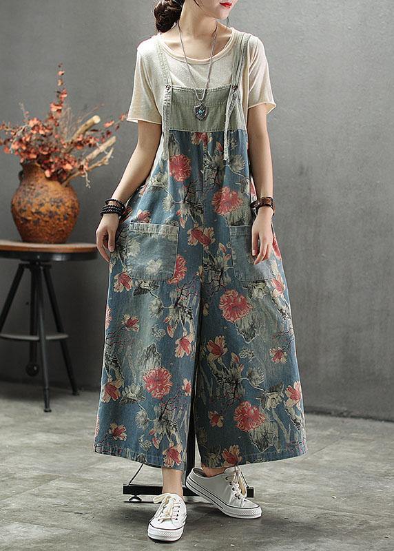 French Dark color Print Patchwork Pockets denim Outfits Rompers - SooLinen
