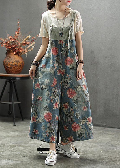 French Dark color Print Patchwork Pockets denim Outfits Rompers - SooLinen