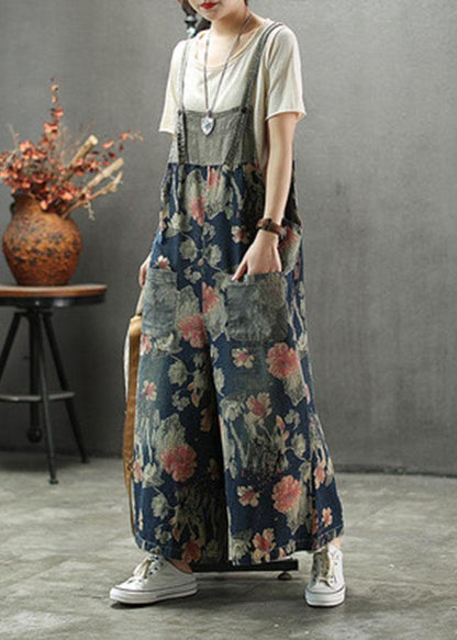 French Dark color Print Patchwork Pockets denim Outfits Rompers - SooLinen