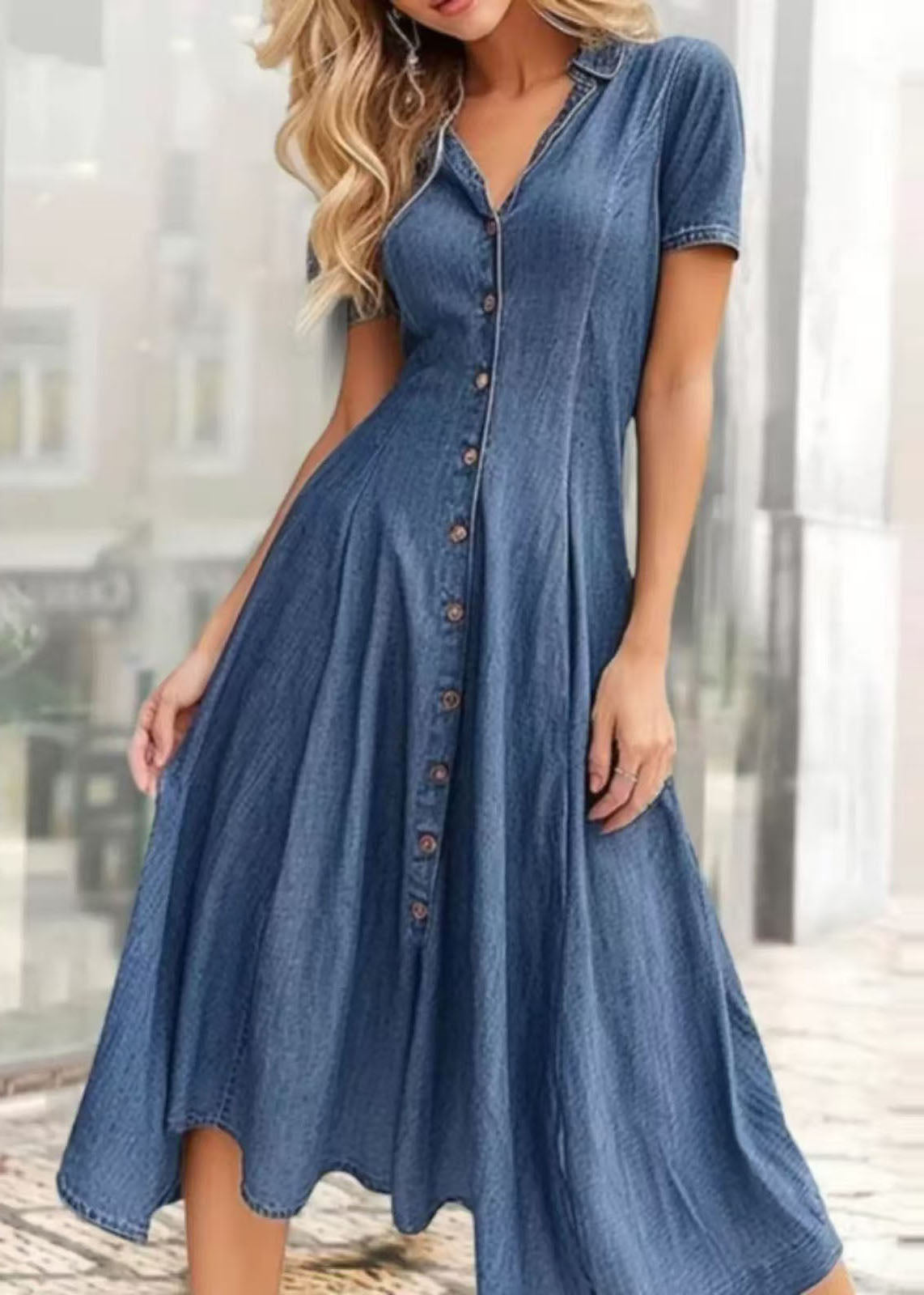French Denim Blue Asymmetrical Design Exra Large Hem Dresses Summer
