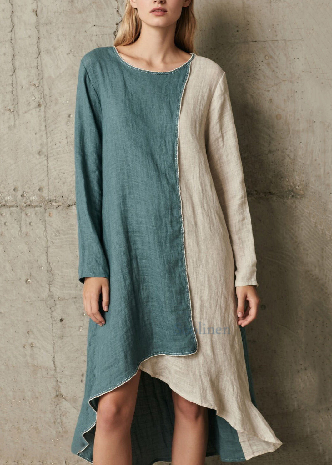 Vestidos de vacaciones de algodón con patchwork asimétrico azul denim francés primavera