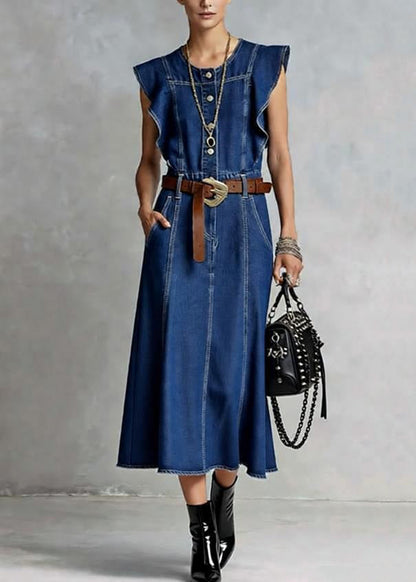 French Denim Blue O-Neck Ruffled Button Summer Maxi Dresses Sleeveless