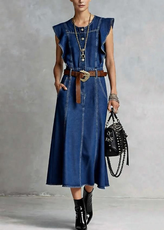 French Denim Blue O-Neck Ruffled Button Summer Maxi Dresses Sleeveless