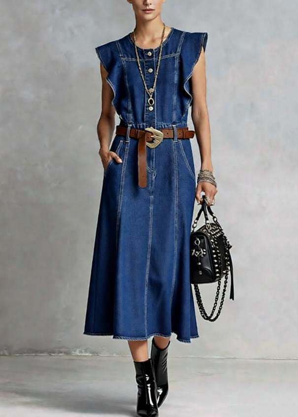French Denim Blue O-Neck Ruffled Button Summer Maxi Dresses Sleeveless