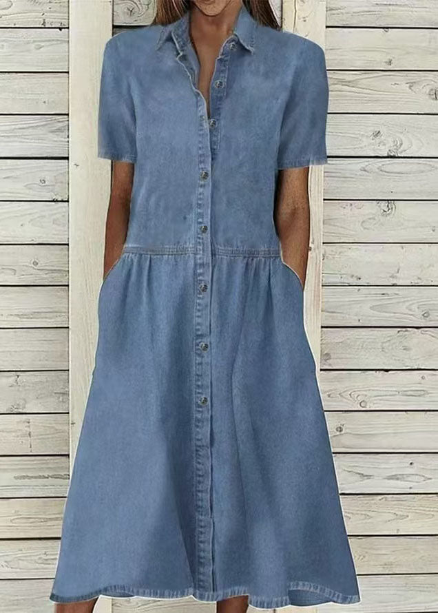 French Denim Blue Peter Pan Collar Button Maxi Dresses Summer