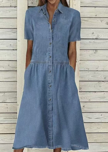 French Denim Blue Peter Pan Collar Button Maxi Dresses Summer