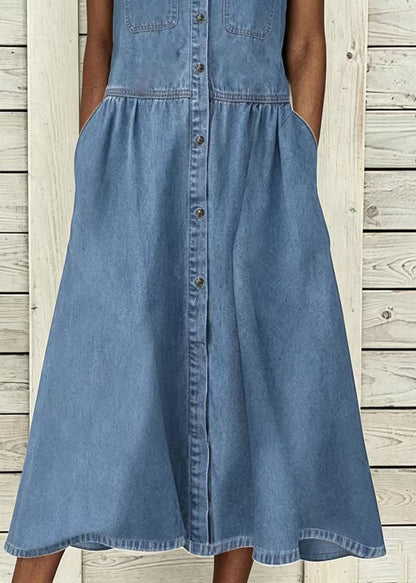 French Denim Blue Peter Pan Collar Button Maxi Dresses Summer