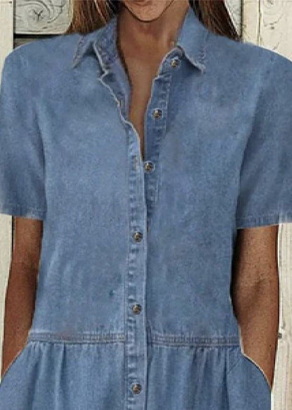 French Denim Blue Peter Pan Collar Button Maxi Dresses Summer