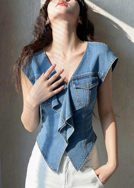 French Denim Blue Ruffled Patchwork Top Short Sleeve