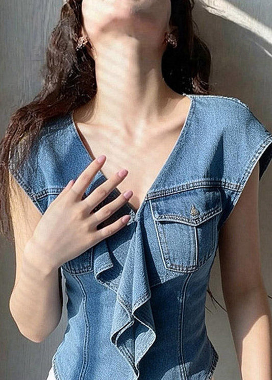 French Denim Blue Ruffled Patchwork Top Short Sleeve