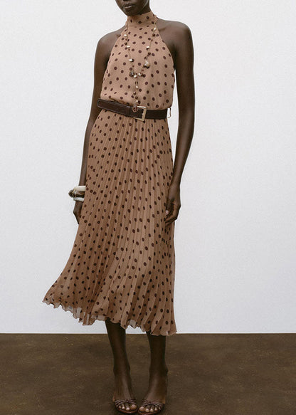 French Dot Print Backless Chiffon Holiday Dress Sleeveless