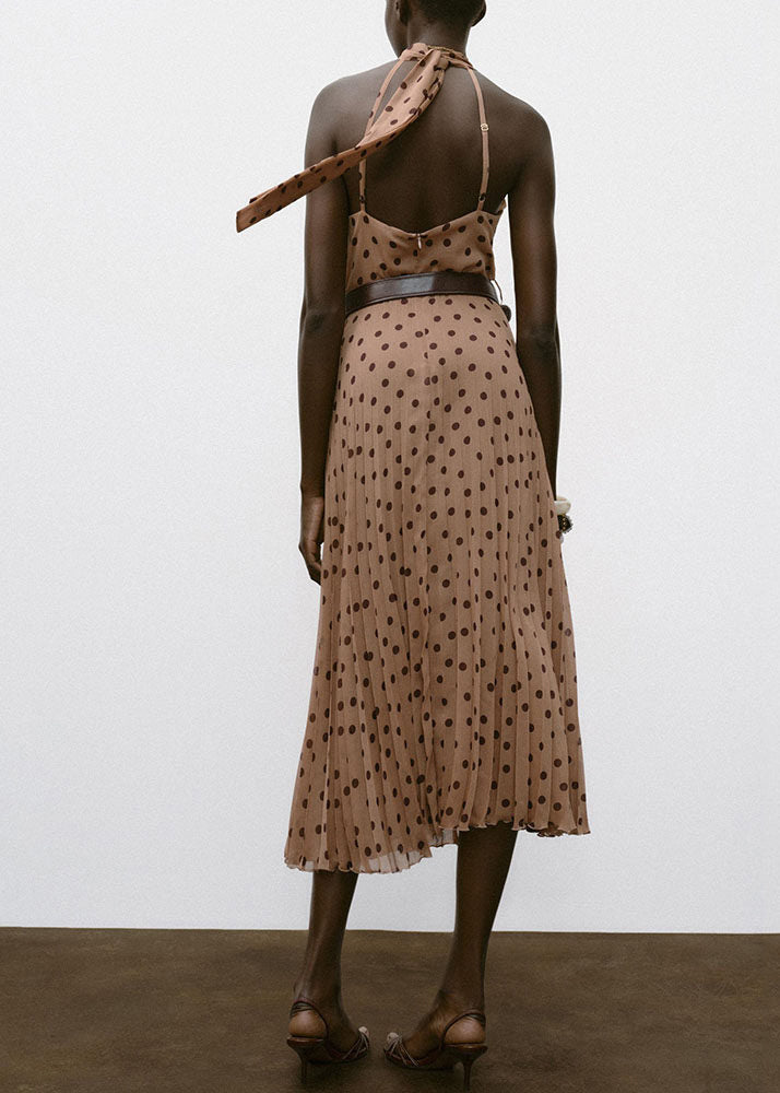 French Dot Print Backless Chiffon Holiday Dress Sleeveless