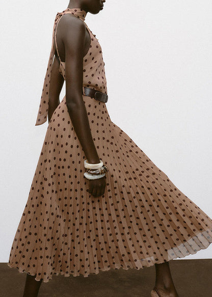 French Dot Print Backless Chiffon Holiday Dress Sleeveless