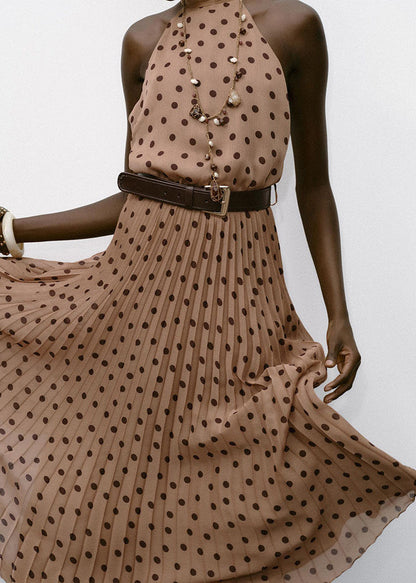 French Dot Print Backless Chiffon Holiday Dress Sleeveless
