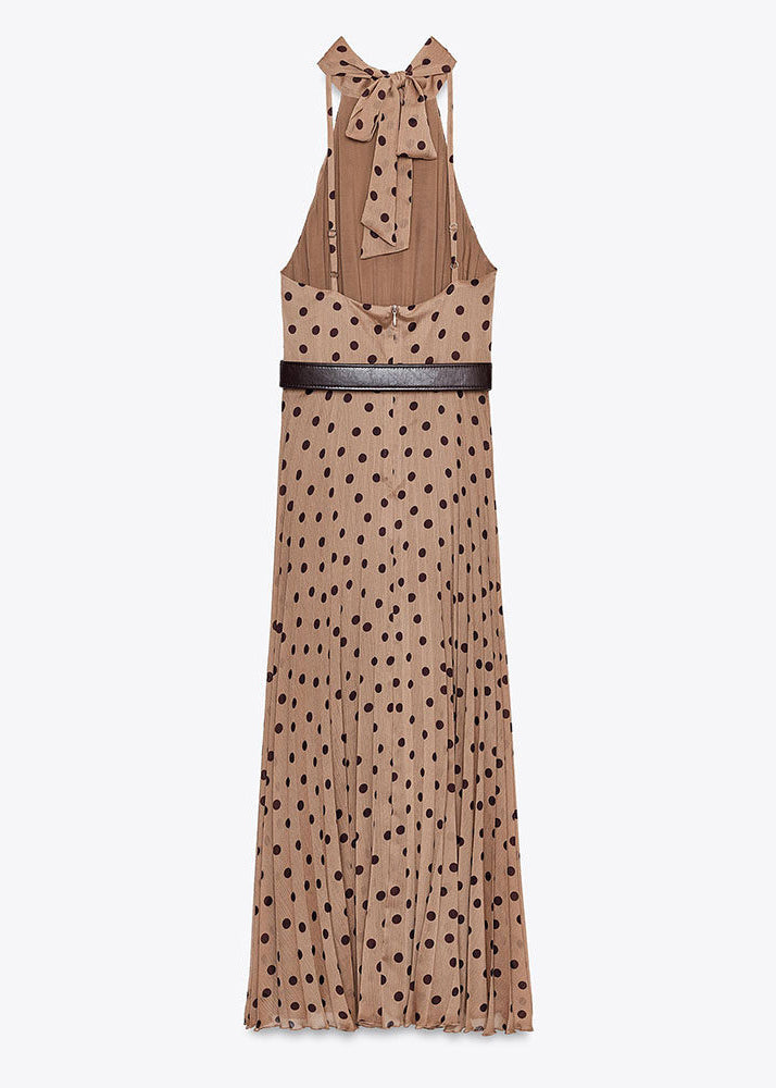 French Dot Print Backless Chiffon Holiday Dress Sleeveless