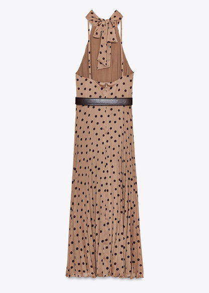 French Dot Print Backless Chiffon Holiday Dress Sleeveless