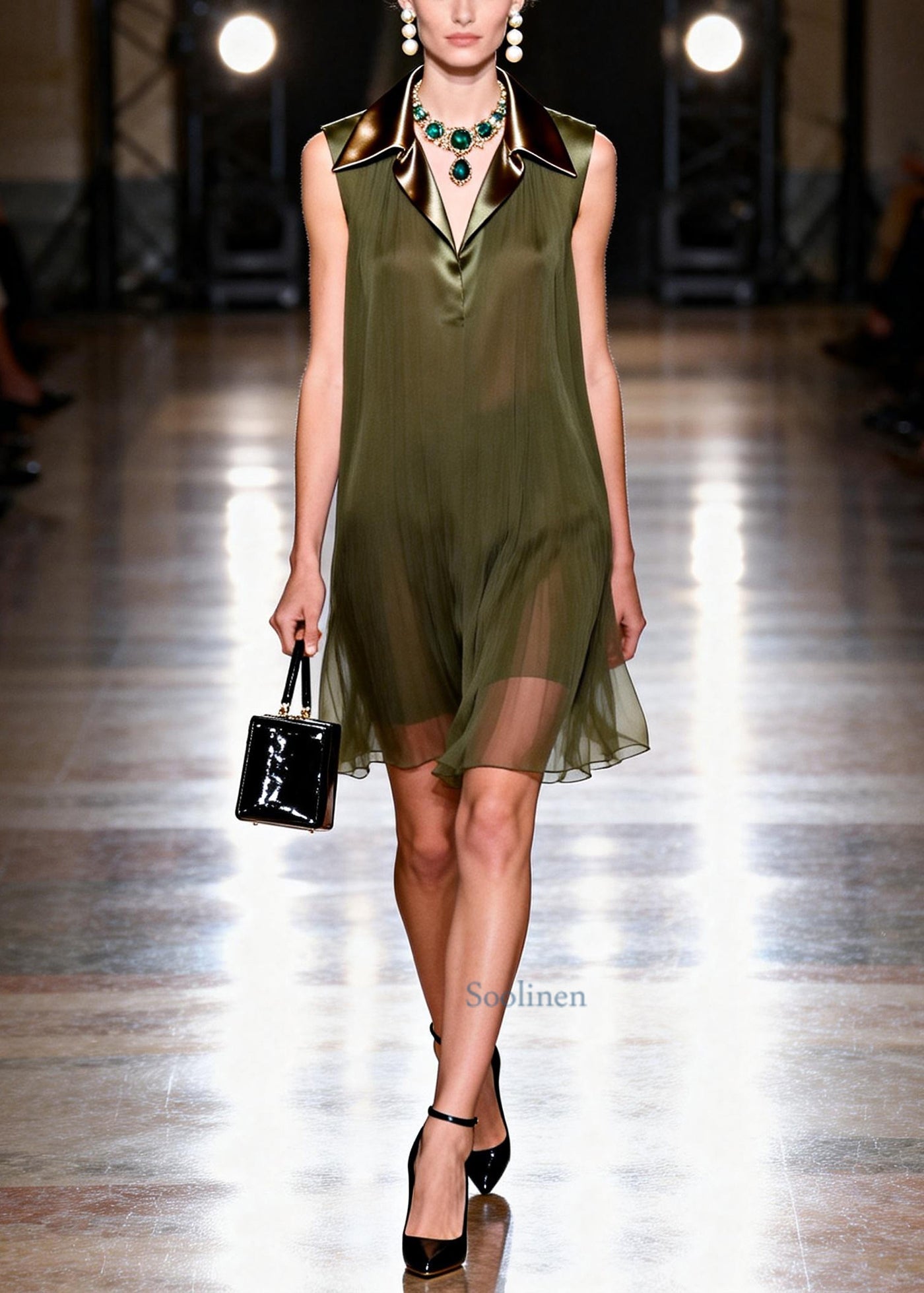French Dull Green Peter Pan Collar Patchwork Chiffon Work Dress Sleeveless