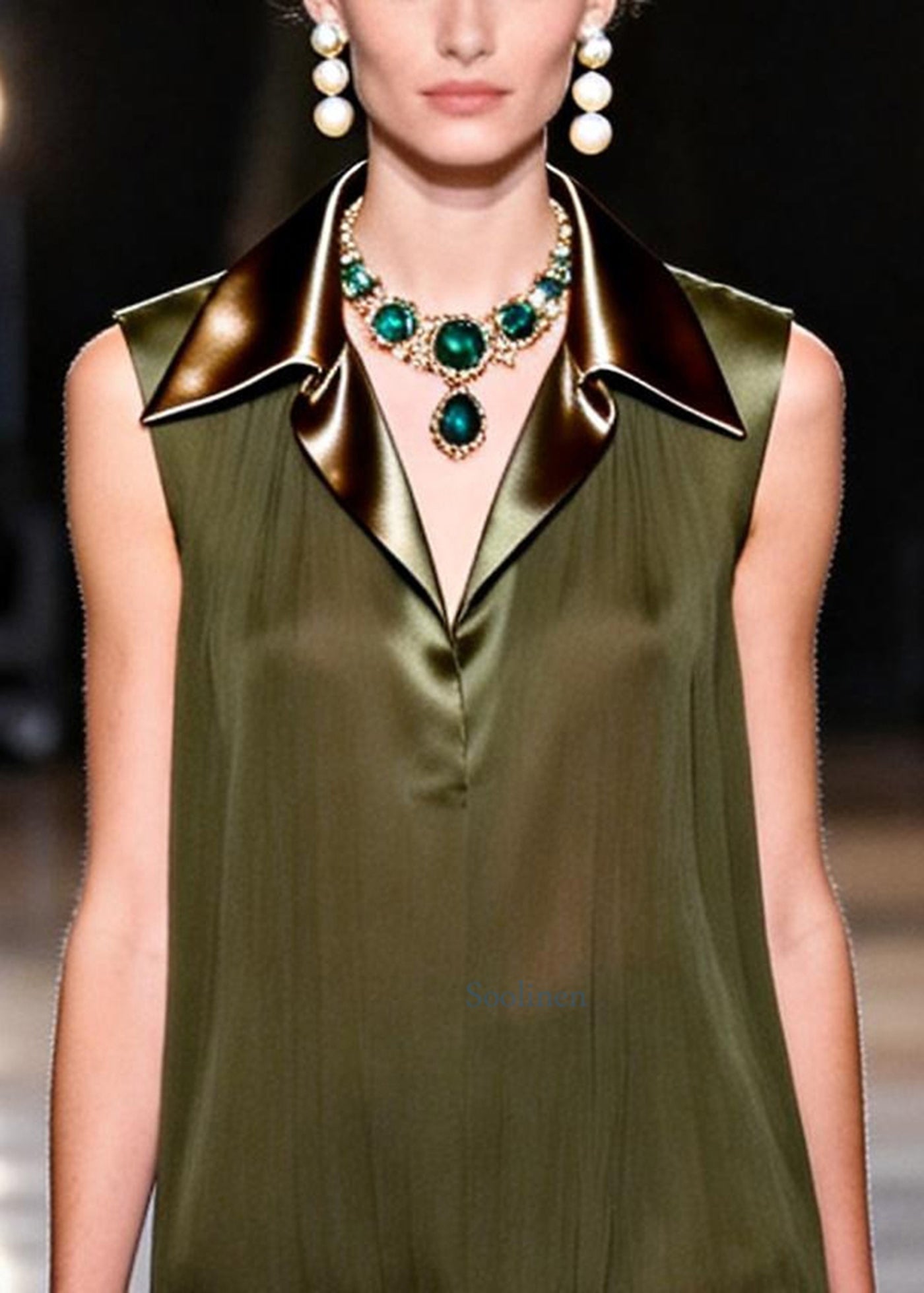 French Dull Green Peter Pan Collar Patchwork Chiffon Work Dress Sleeveless