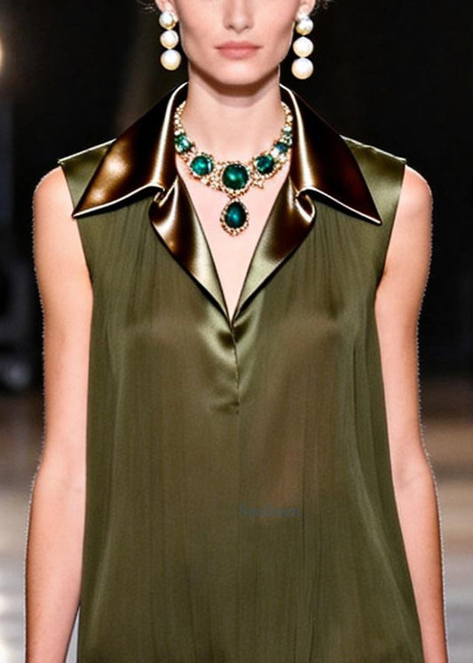 French Dull Green Peter Pan Collar Patchwork Chiffon Work Dress Sleeveless