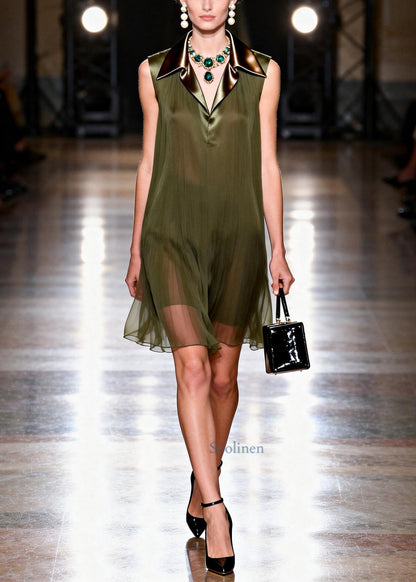 French Dull Green Peter Pan Collar Patchwork Chiffon Work Dress Sleeveless