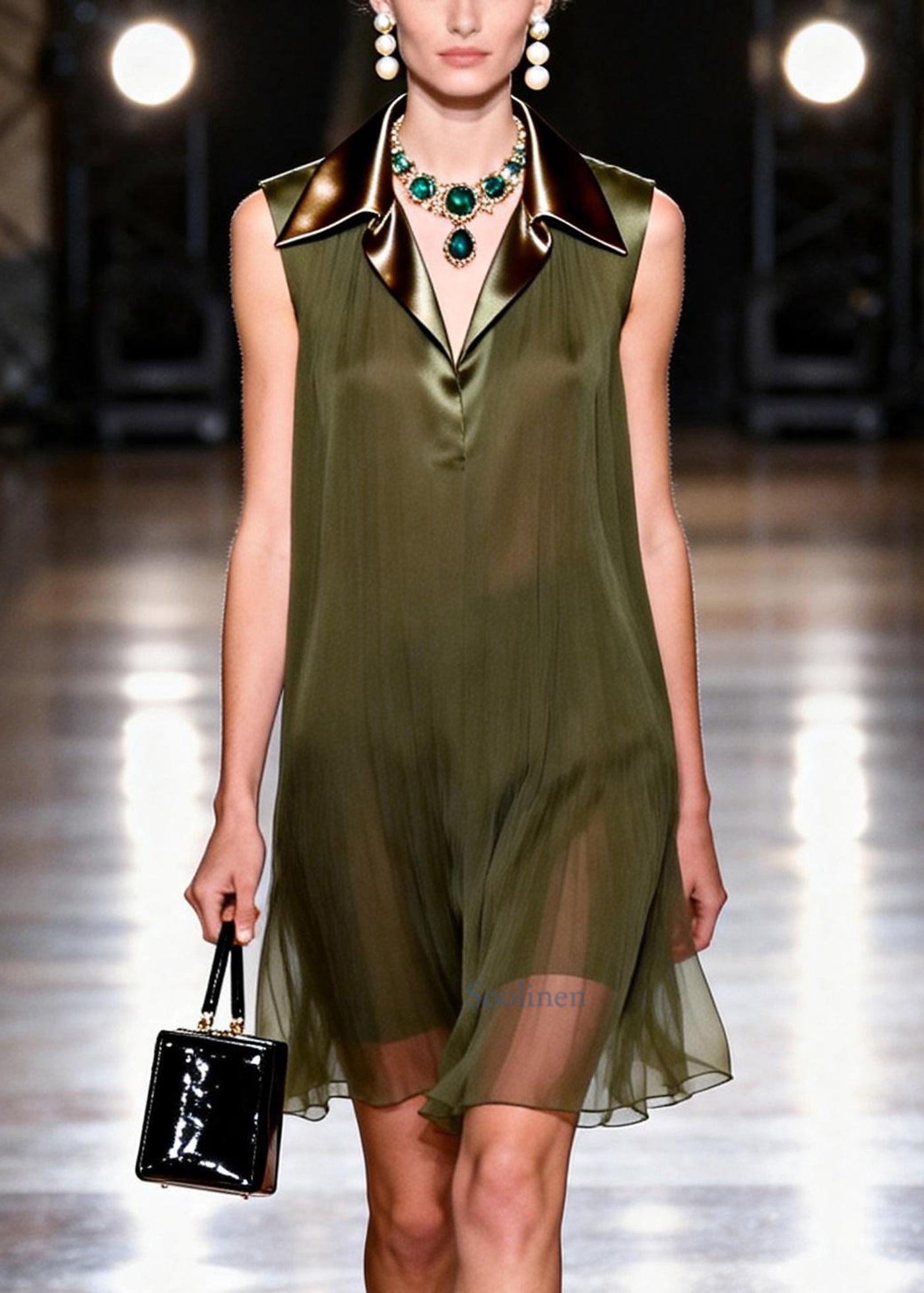 French Dull Green Peter Pan Collar Patchwork Chiffon Work Dress Sleeveless