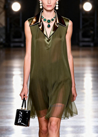 French Dull Green Peter Pan Collar Patchwork Chiffon Work Dress Sleeveless