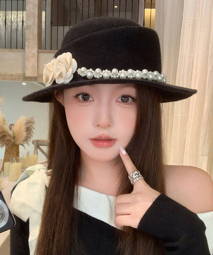 French Elegant Black Pearl Floral Woolen Cloche Hat