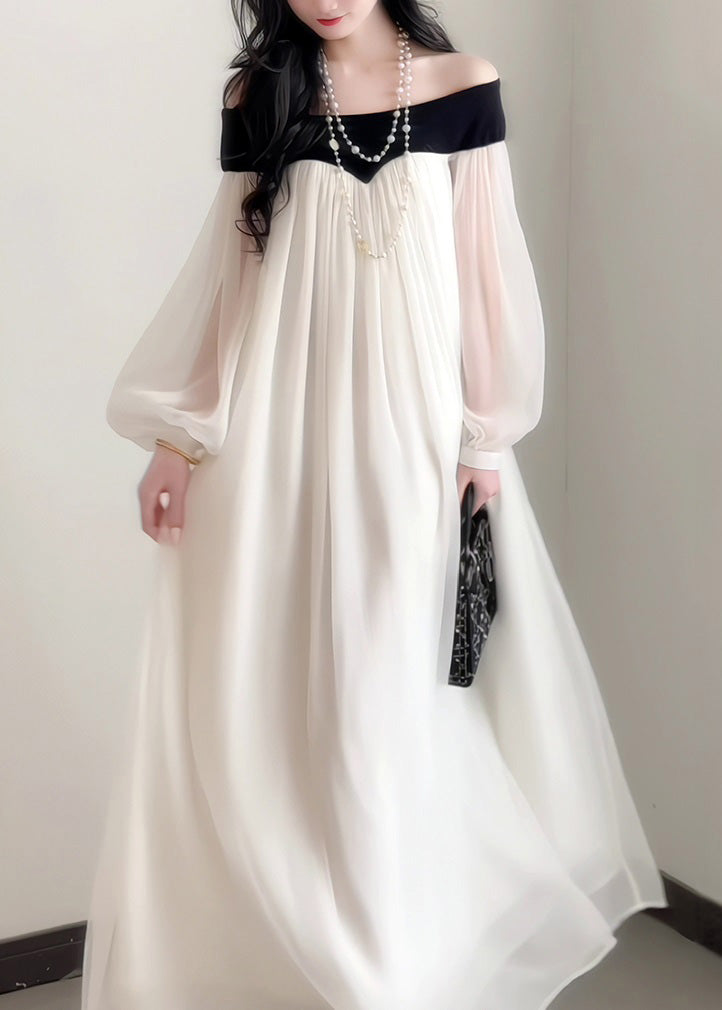 French Elegant Slash Neck Chiffon Dress Lantern Sleeves