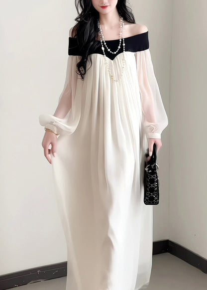 French Elegant Slash Neck Chiffon Dress Lantern Sleeves