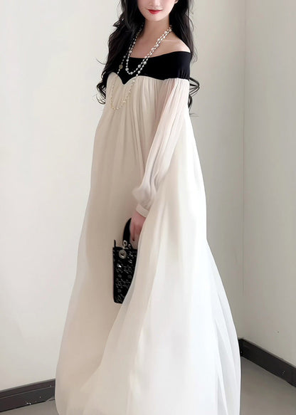 French Elegant Slash Neck Chiffon Dress Lantern Sleeves