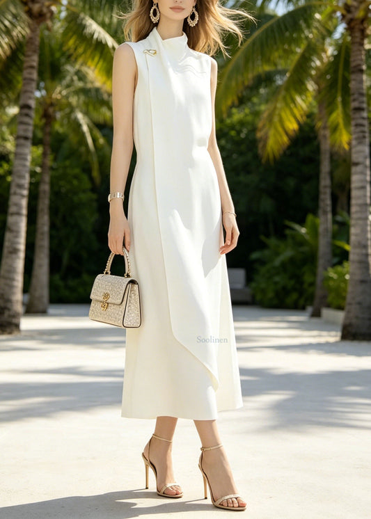 French Elegant White Half High Neck Cotton Dress Sleeveless