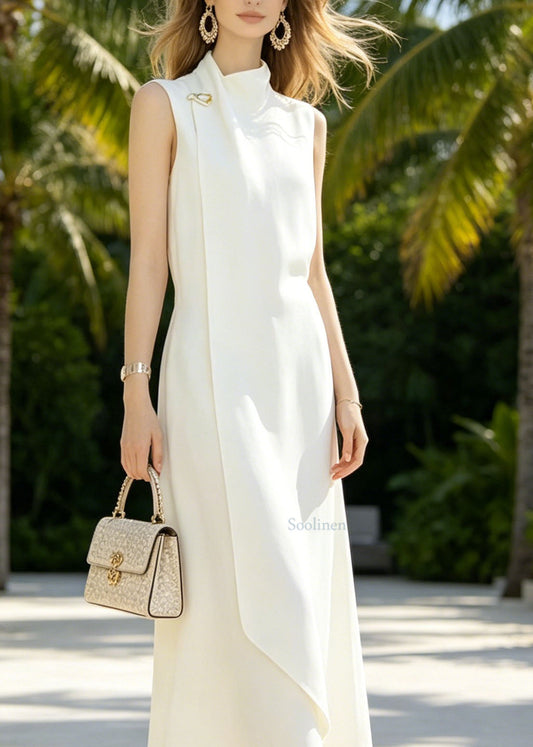 French Elegant White Half High Neck Cotton Dress Sleeveless