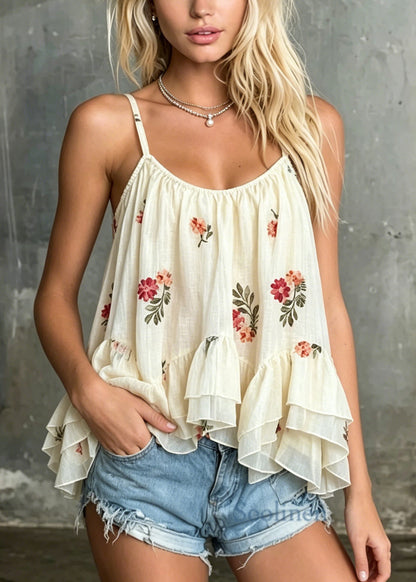 French Embroidered Patchwork Cotton Spaghetti Strap Tops Sleeveless