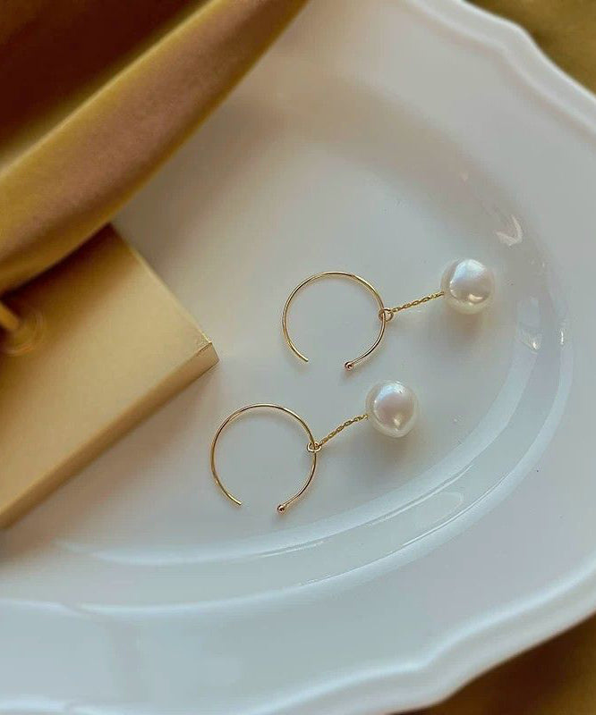 French Gold Copper Overgild Pearl Hoop Earrings