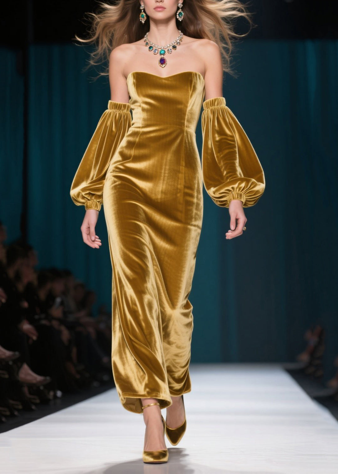 Vestidos de cena franceses de terciopelo de seda dorados sin espalda y mangas farol