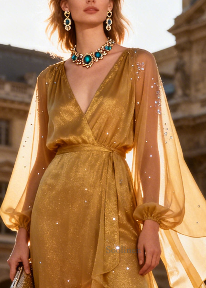 French Golden Cinched Patchwork Chiffon Rhinestone Dresses Summer
