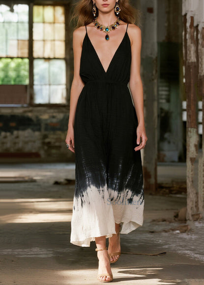 Vestidos de verano de algodón con escote en V y degradado negro francés