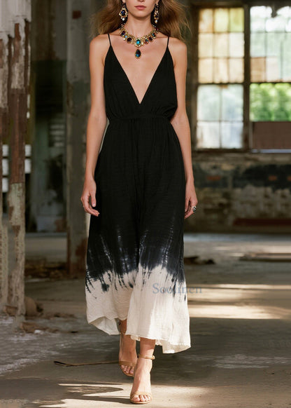 Vestidos de verano de algodón con escote en V y degradado negro francés