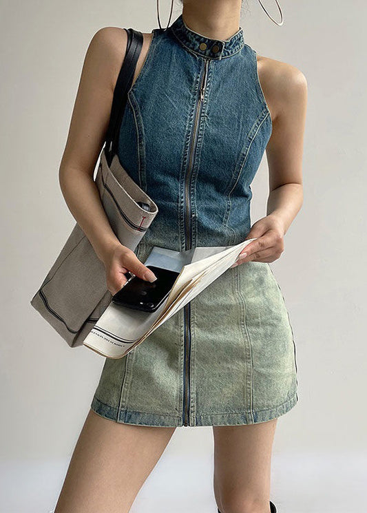 Ärmelloses Denim-Kleid mit Farbverlauf und Knöpfen in französischer Farbe mit Reißverschluss