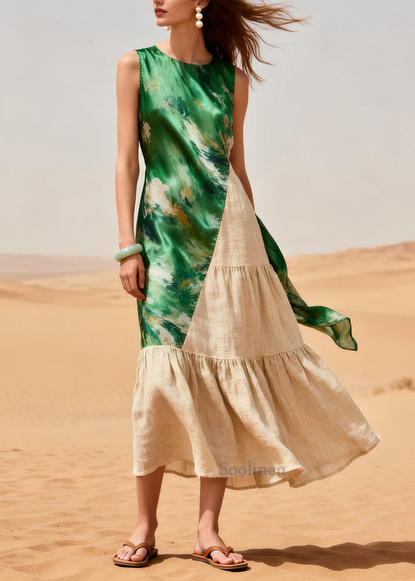 French Green Asymmetrical Patchwork Linen Silk Dress Summer