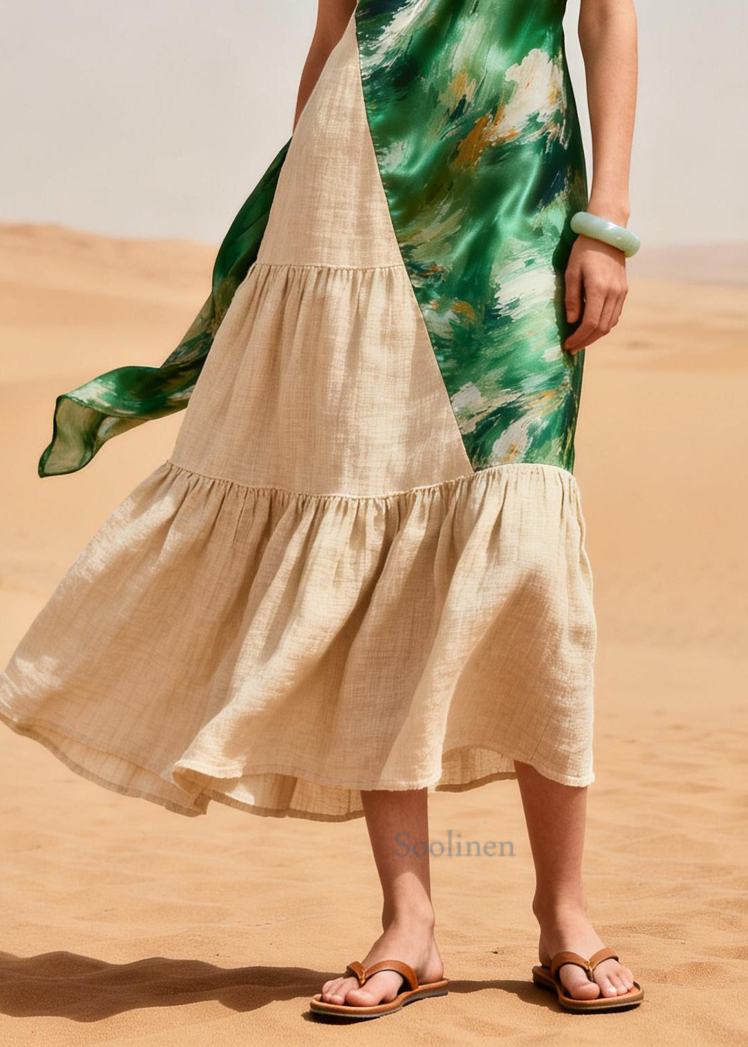 French Green Asymmetrical Patchwork Linen Silk Dress Summer