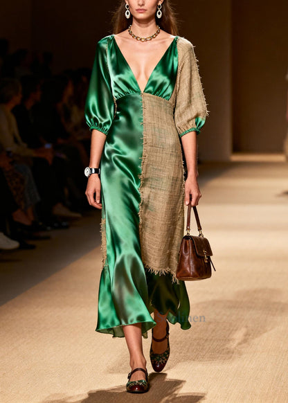 French Green Asymmetrical Patchwork Linen Silk Maxi Dress Summer