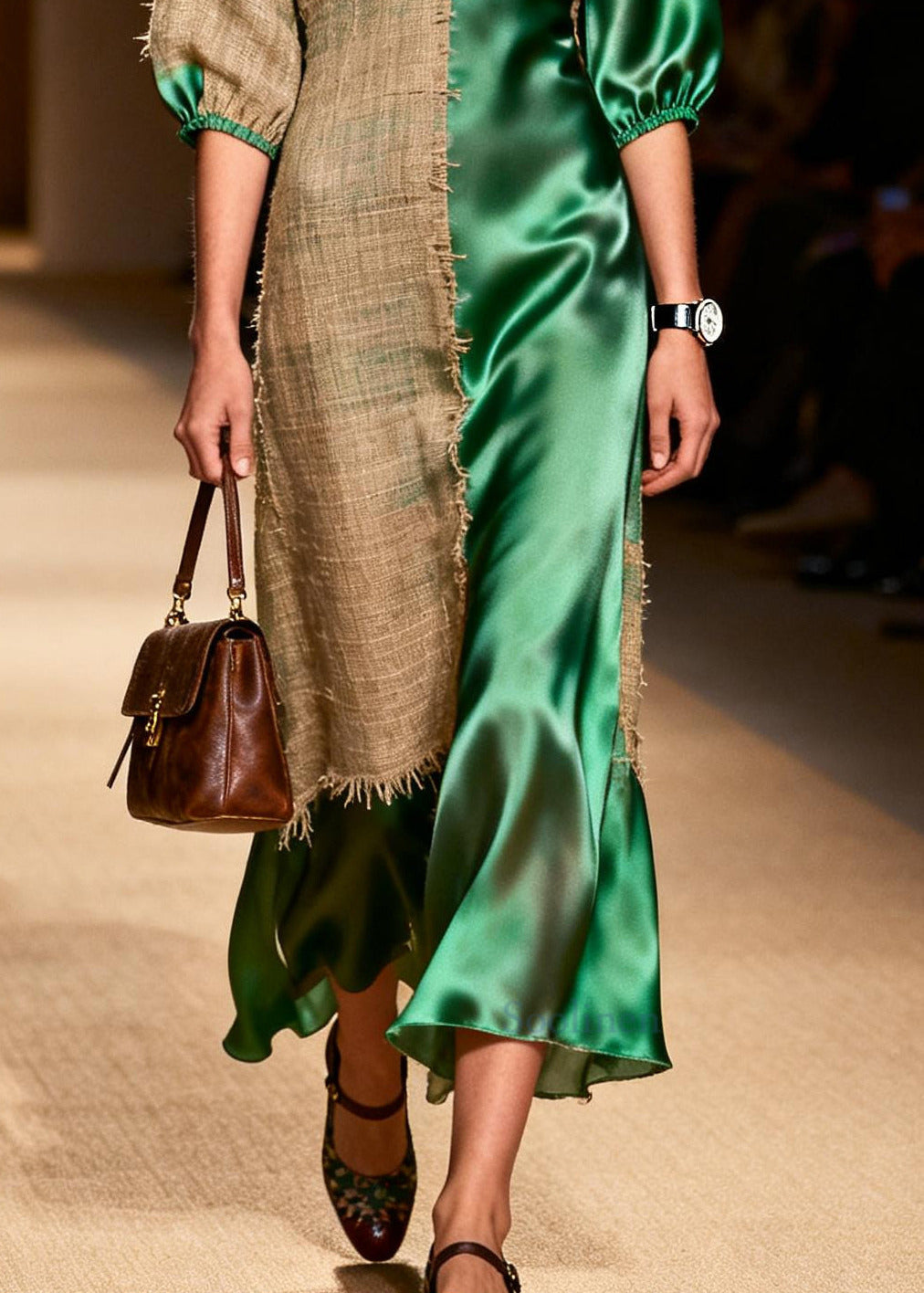 French Green Asymmetrical Patchwork Linen Silk Maxi Dress Summer